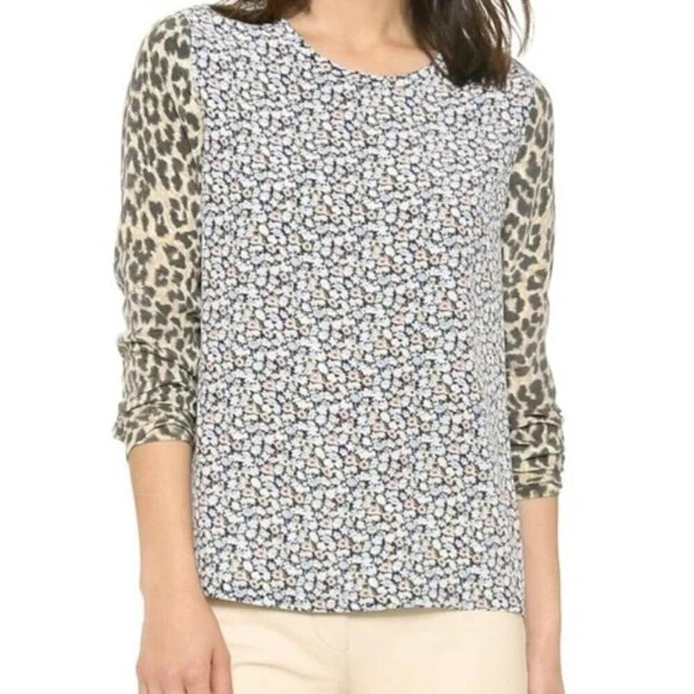 Equipment Femme Liam 100% Silk Top Size XS Floral Contrast Leopard Sleeve Blouse